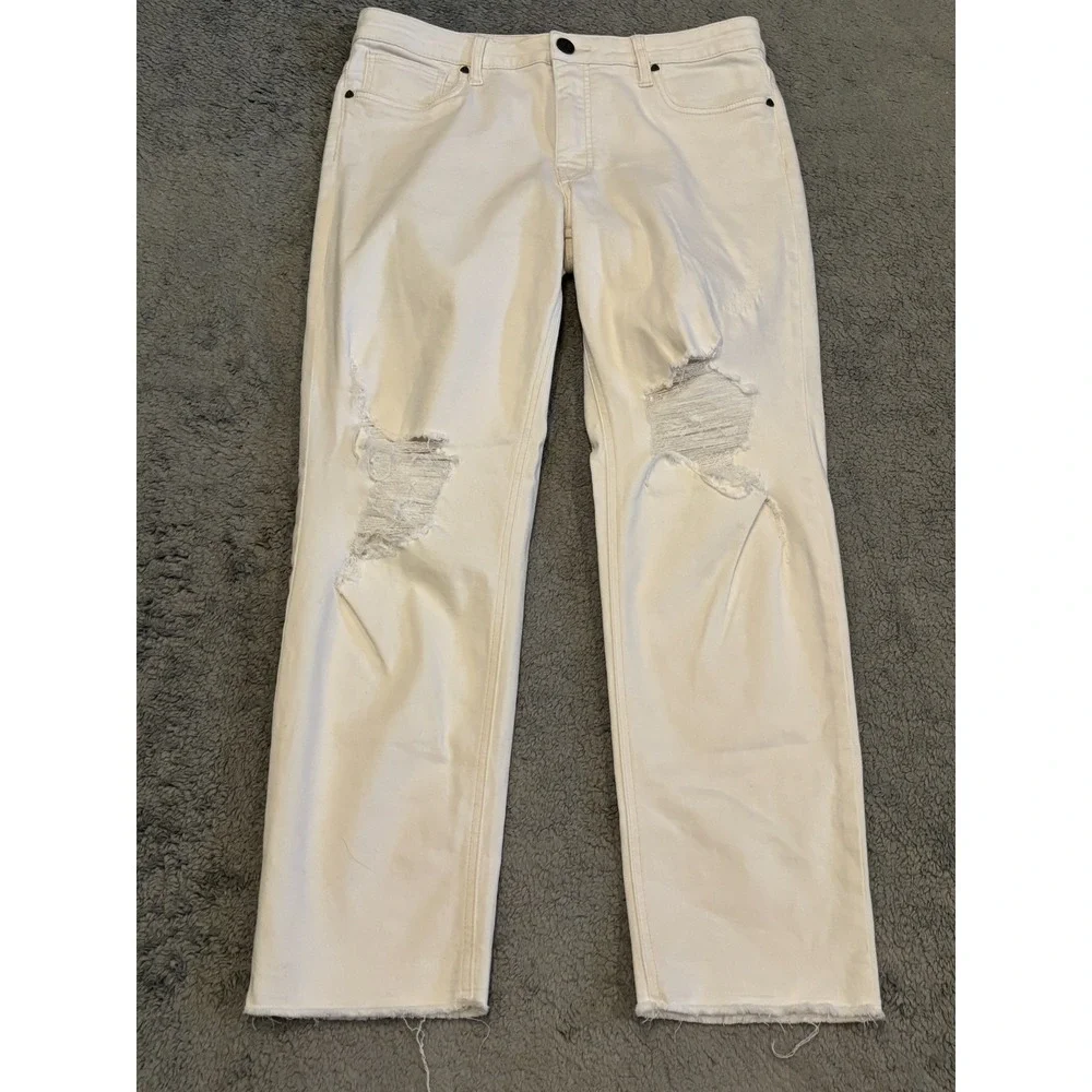 KUT From The Kloth Jeans Womens 10L Long White Denim Distressed Raw Hem Straight